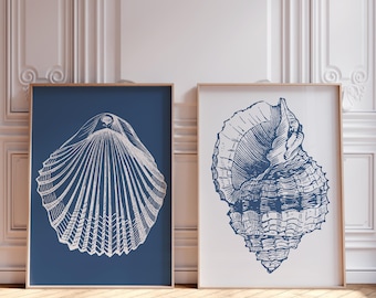 Vintage Muschel Poster in Blau, 2er Set Küsten Muscheln Poster, Ozean Themen-Dekor, moderne Wand Kunst, Muscheln Poster in Blau und Weiß