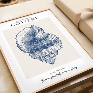 K&ouml;nnte beinhalten: Ein gerahmter Druck mit einer blauen Muschelillustration und dem Text "Exposition de Cotiere" und "Coquillage Jede Muschel hat eine Geschichte".