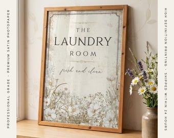 Vintage White Flower Laundry Room Print - Botanical Farmhouse Print, Floral Cottage Wall Art