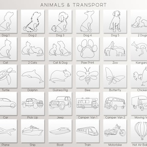 May include: A black and white line drawing illustration of various animals and modes of transportation. The illustrations include a dog, cat, turtle, dolphin, guinea pig, bee, butterfly, chicken, car, pick-up truck, jeep, camper van, moving van, plane, ship, boat, train, motorbike, and hot air balloon.