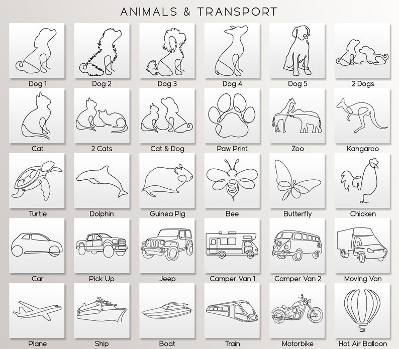 May include: A black and white line drawing illustration of various animals and modes of transportation. The illustrations include a dog, cat, turtle, dolphin, guinea pig, bee, butterfly, chicken, car, pick-up truck, jeep, camper van, moving van, plane, ship, boat, train, motorbike, and hot air balloon.