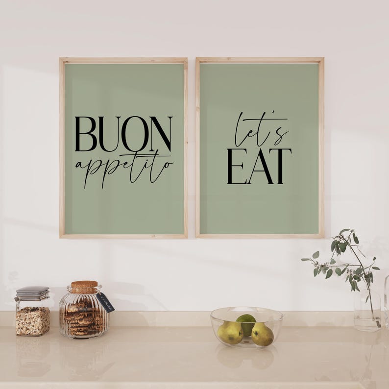 Buon Appetito Let's Eat, Set of 2 Prints, Kitchen Wall Art, Dining Room Print, Dining Room Wall Decor, Kitchen Art Print, Beige Decor Sage Green