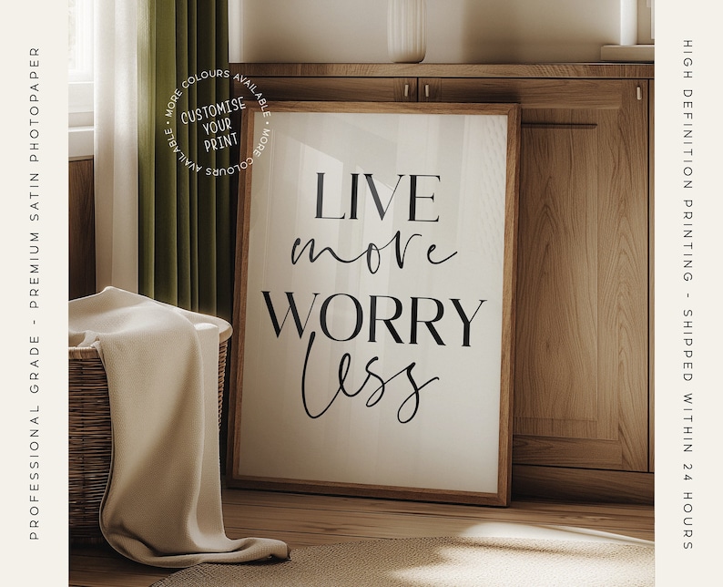 Lev mer och oroa dig mindre, väggkonst för hemmet, väggtavla för kontoret, kontorsdekor, väggkonst för hemmet, positiva affirmationer, inspirerande citatposter White