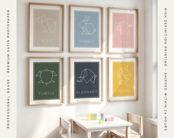 Scandinavian Animal Nursery Wall Art Sets: Geometric Origami Bear Rabbit Pig Turtle Elephant Squirrel Prints, Minimal Modern Kids Room Decor