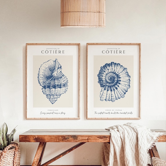 Set of 2 Vintage Seashell Art Prints, Seashell Quote Print, Ocean Themed Wall Prints, Modern Wall Art, Blue and Beige Seashell Posters