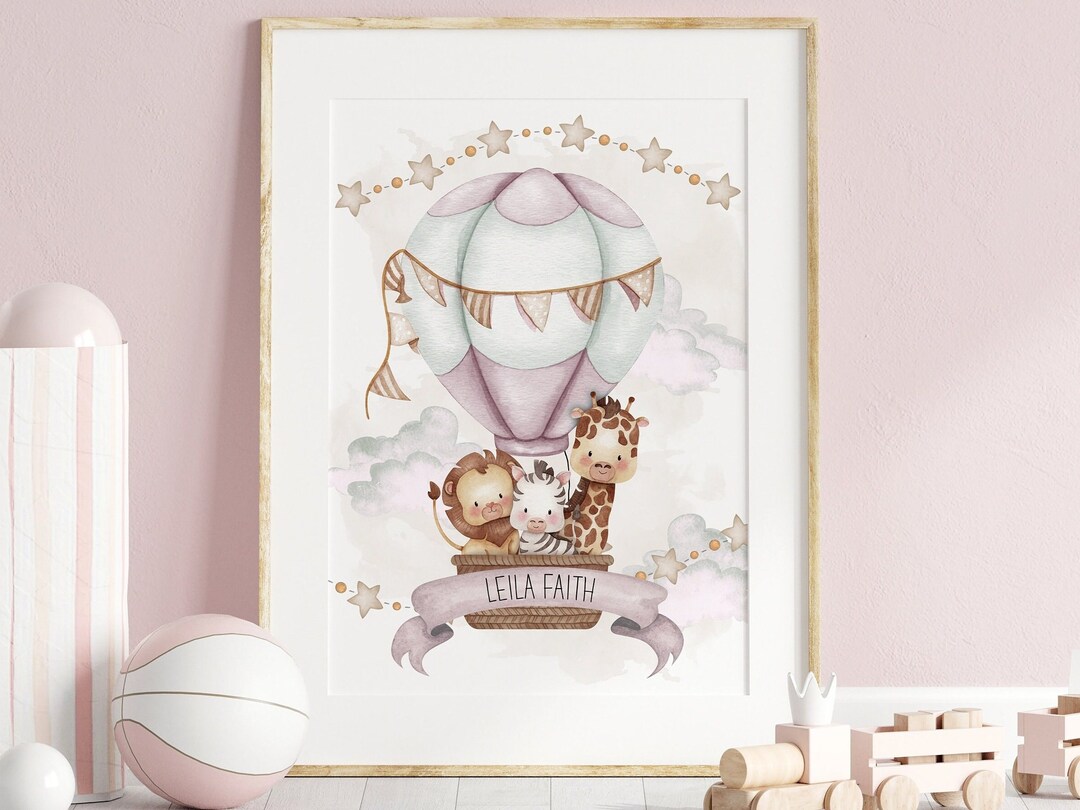 Hot Air Balloon Nursery Print, Personalised Nursery Print, Baby Girl