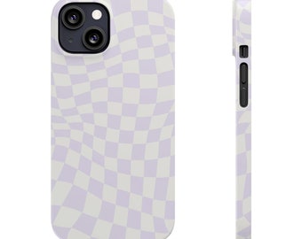 Funda de teléfono delgada a cuadros con tablero de ajedrez deformado de lavanda púrpura claro para iPhone 15, 14, 13, 12, 11, 10 colores pastel, lindo