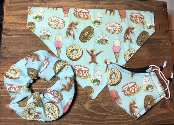 Curious George Matching Dog Bandana Scrunchie and Mask Set