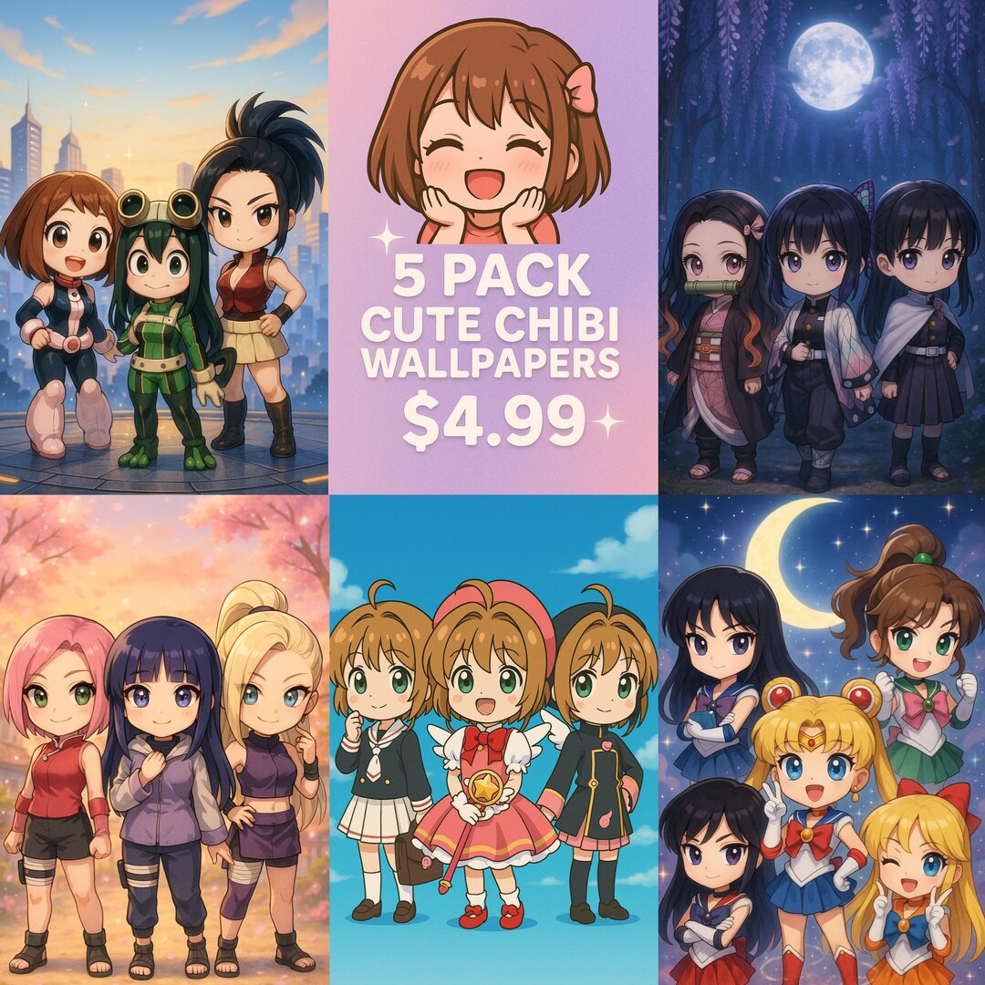 かわいいちびアニメ壁紙5枚セット 4.99ドル | iPhone & Android用スマホ背景画像 |  NARUTO、鬼滅の刃、MHA、カードキャプター、セーラームーンアート - Etsy 日本