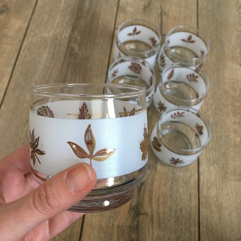 Set Of 6 Leaves Gold Leaf Libbey Foliage Pattern Frosted Glass Mcm Vintage Libbey Frosted Roly Poly Glasses Whiskey Glasses Kitchen Dining Drink Barware Keyforrest Lt