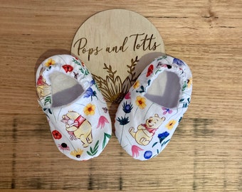 Floral Winnie the Pooh Baby shoes / Slippers / Pre walker shoes / Cot shoes/ soft sole shoes