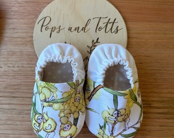 Yellow wattle Gumnut Babies baby shoes / Slippers / Pre walker shoes / May Gibbs / soft soles shoes