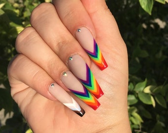 French Tip Rainbow Pride Flag Press Ons: Coffin, Almond, Stiletto, Oval, Square HAND PAINTED