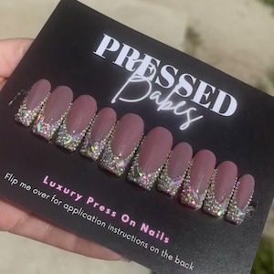 Rhinestone French Tip Press Ons: Coffin, Almond, Stiletto, Oval , Square HAND PAINTED