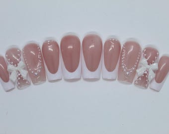 Blue Coquette Flower French Tip Press Ons: Coffin, Almond, Stiletto, Oval, Square HAND PAINTED