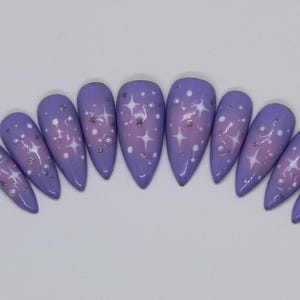 Purple Twinkle Aura Press On Nails: Coffin, Almond, Stiletto, Oval , Square HAND PAINTED