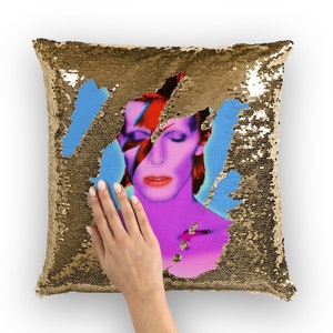 Sequine Pillow | Portrait of David Bowie as Aladdin Sane | Reverse Cushion | 70's Glam Rock | Fan Art by Kevin Berggren