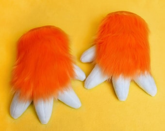 Bright Orange Furry Plush Fursuit Hand Paws - Orange Luxury Fur with White Claws - 1 Pair