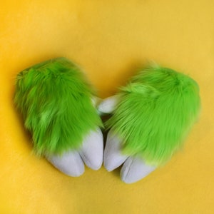 Lime Green Furry Luxury Fursuit Hand Hooves – Plush Green Fur With White Claws – 1 Pair