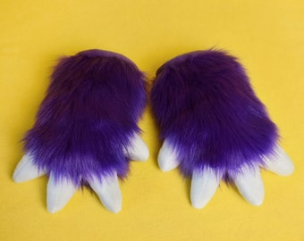 Royal Purple Luxury Hand Paws for Furries – Violet Fur with White Claws - 1 Pair