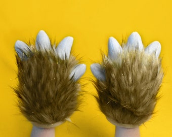 Golden Brown with Glitter Furry Plush Hand Paws – Light Brown Fur With Gold Tinsel and White Claws – 1 Pair