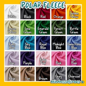 May include: A grid of polar fleece fabric swatches in various colors, including white, black, red, orange, yellow, green, blue, purple, pink, brown, grey, and charcoal. The text "POLAR FLEECE" is at the top.
