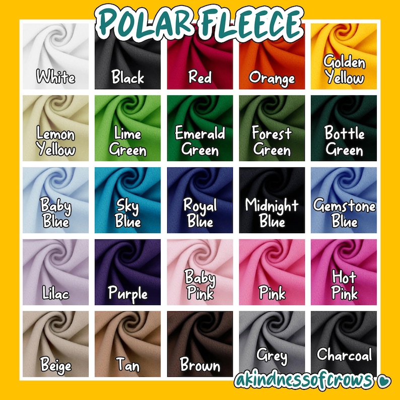 May include: A grid of polar fleece fabric swatches in various colors, including white, black, red, orange, yellow, green, blue, purple, pink, brown, grey, and charcoal. The text "POLAR FLEECE" is at the top.