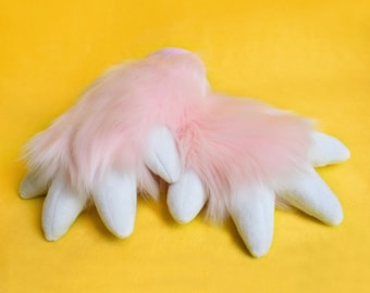 Baby Pink Furry Plush Fursuit Hand Paws - Pastel Pink Fur with White Claws - 1 Pair