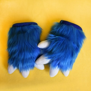 Dark Blue Furry Plush Fursuit Hand Paws - Indigo Fur With White Claws