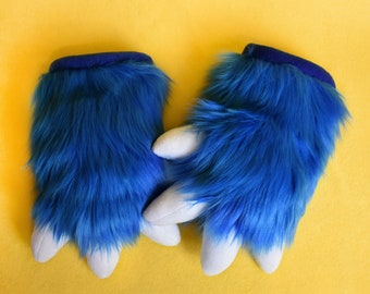 Dark Blue Furry Plush Fursuit Hand Paws - Indigo Fur with White Claws - 1 Pair
