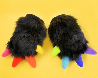 Harige pluche fursuit handpoten - Gay Pride acht kleuren regenboog - zwart luxe namaakbont - 1 paar