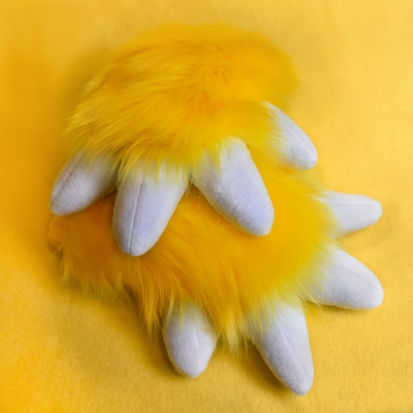 Yellow Furry Plush Fursuit Hand Paws - Bright Yellow Fur with White Claws - 1 Pair