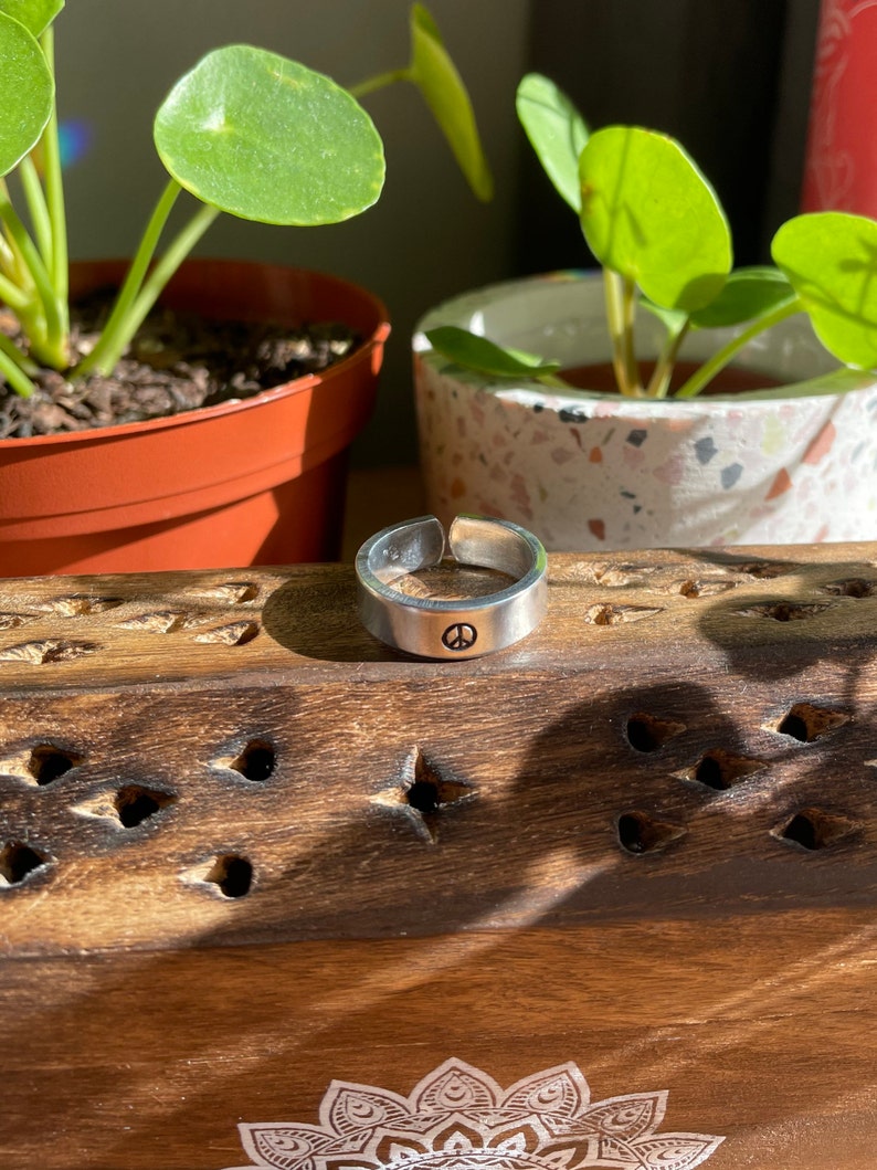 Peace hand stamped ring Adjustable peace sign ring.