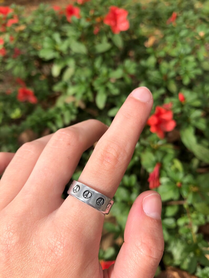 Peace hand stamped ring Adjustable peace sign ring.