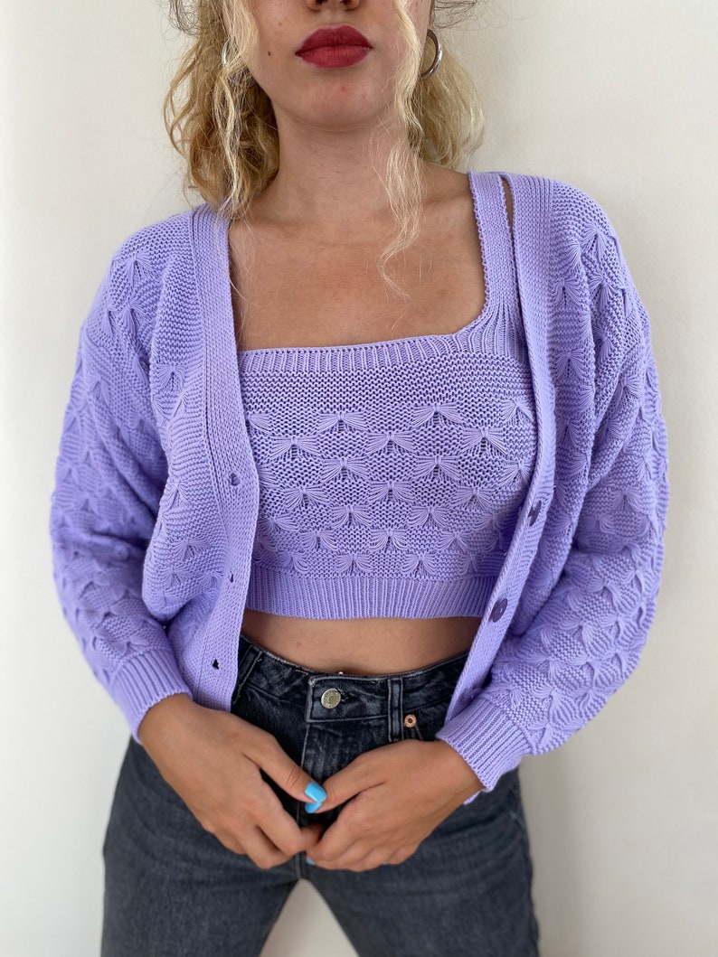 Lilac Hand Knit Standard Size Crop Top CardiganKnitwear Set Etsy