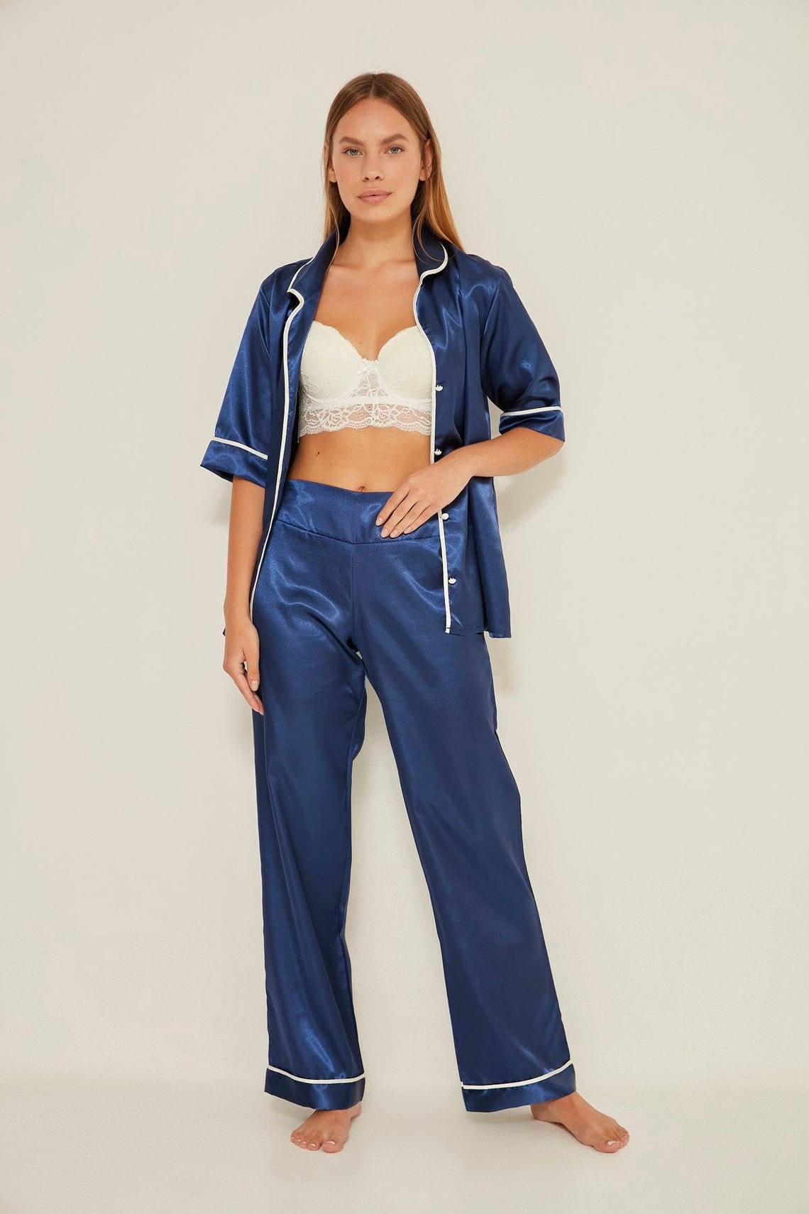 Satin Short Sleeve 2 Piece Pajamas Set Mink Color for Women Etsy