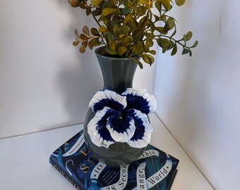 Anthropologie Gray Vase Blue and White Applied 3D Orchid / Pansy Flower