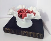 Vintage Fenton Silver Crest Milk Glass Footed Candy Dish with Ruffled Edge, Art Glass