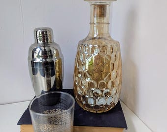 Vintage Yellow Iridescent Glass Decanter with Optic Diamond Pattern and Matching Stopper