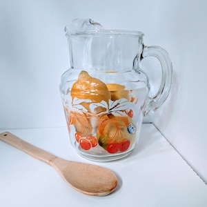 Retro Anchor Hocking Clear Glass Pitcher with Cherries Design, Ice Catcher Lip