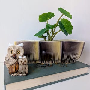 May include: A vintage ceramic planter with three compartments, featuring a gradient of brown and yellow. A small owl figurine and a baby owl figurine sit in front of the planter. A green plant with large leaves is in the planter.