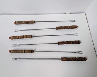 Set of 6 Wooden Handle Stainless Steel Fondue Forks