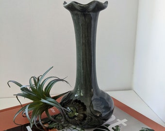 Vintage Mexican Dark Gray Ceramic Vase with Ruffled Top and Hand Painted with Floral Detail