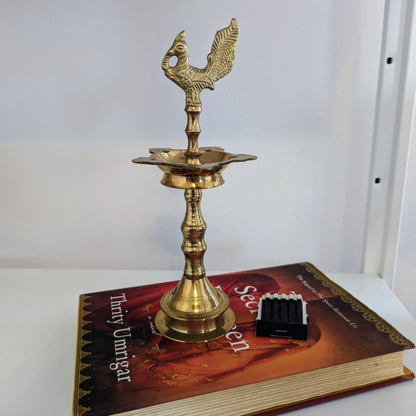 Vintage Kuthu Vilakku Brass Oil Lamp with Peacock Brass Design