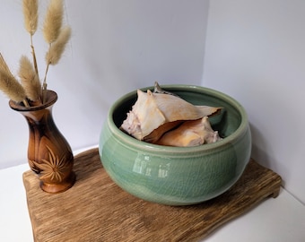 Studio Pottery Bowl with Celadon-Like Glaze, Signed by Artist