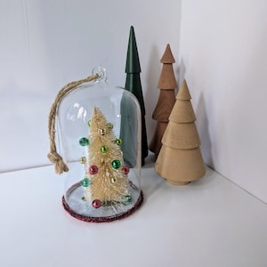 Vintage White Decorated Wire/ Bottle Brush Christmas Tree Inside a Sealed Dome, Hook for Ornament
