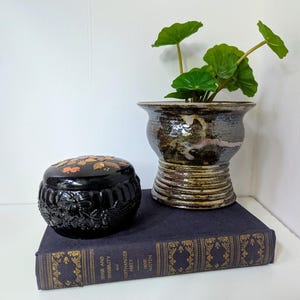 May include: A black decorative box with a floral design on top and a carved floral pattern around the sides. It sits on a dark blue book with gold lettering. A ceramic pot with a plant is next to the box.