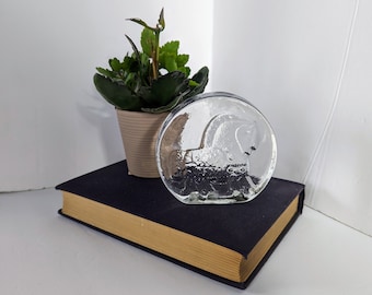 Vintage Clear Glass Circular Paperweight with Trojan Horse Design