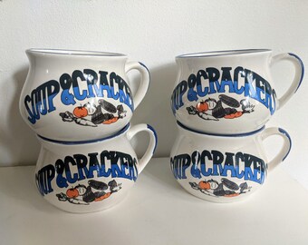 Set of 4 Vintage Soup Mug "Soup & Crackers" Bowls