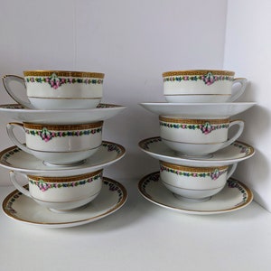 Set of 6 Vintage Bone China Tea Cups and Matching Saucers with Gold Rims, Marked Czechoslovakia by Pirken Hammer